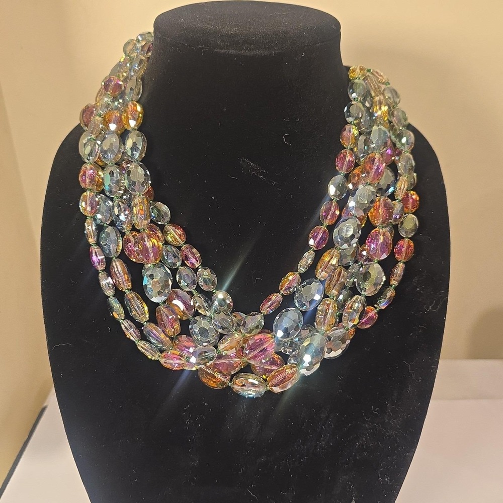 Multi Strand Iridescent Faceted Bead Statement Necklace Multicolor Adjustable
